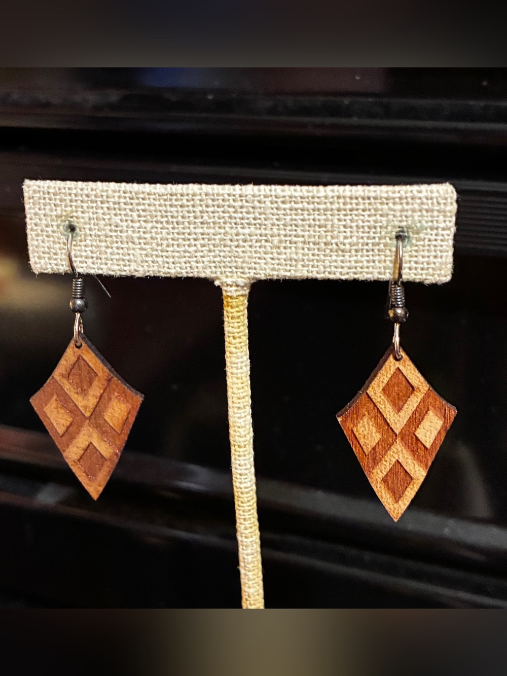 Wood Diamond Drop Earrings - Brown